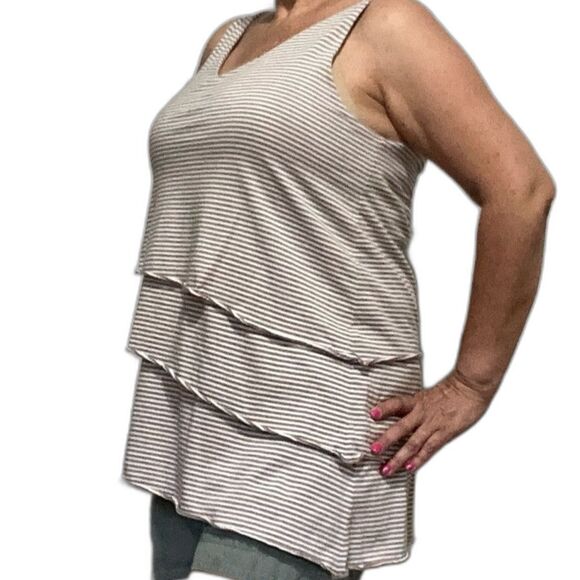 GARNET HILL Pima Cotton Modal Taupe Striped Tiered Tunic Tank Womens Medium - Picture 3 of 7